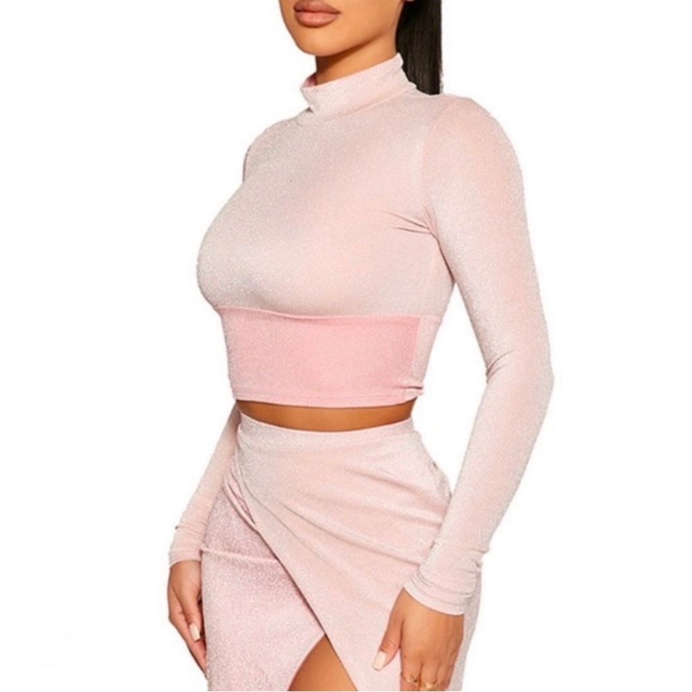 Naked Wardrobe Long Sleeve Turtleneck Crop Top Pink Size S